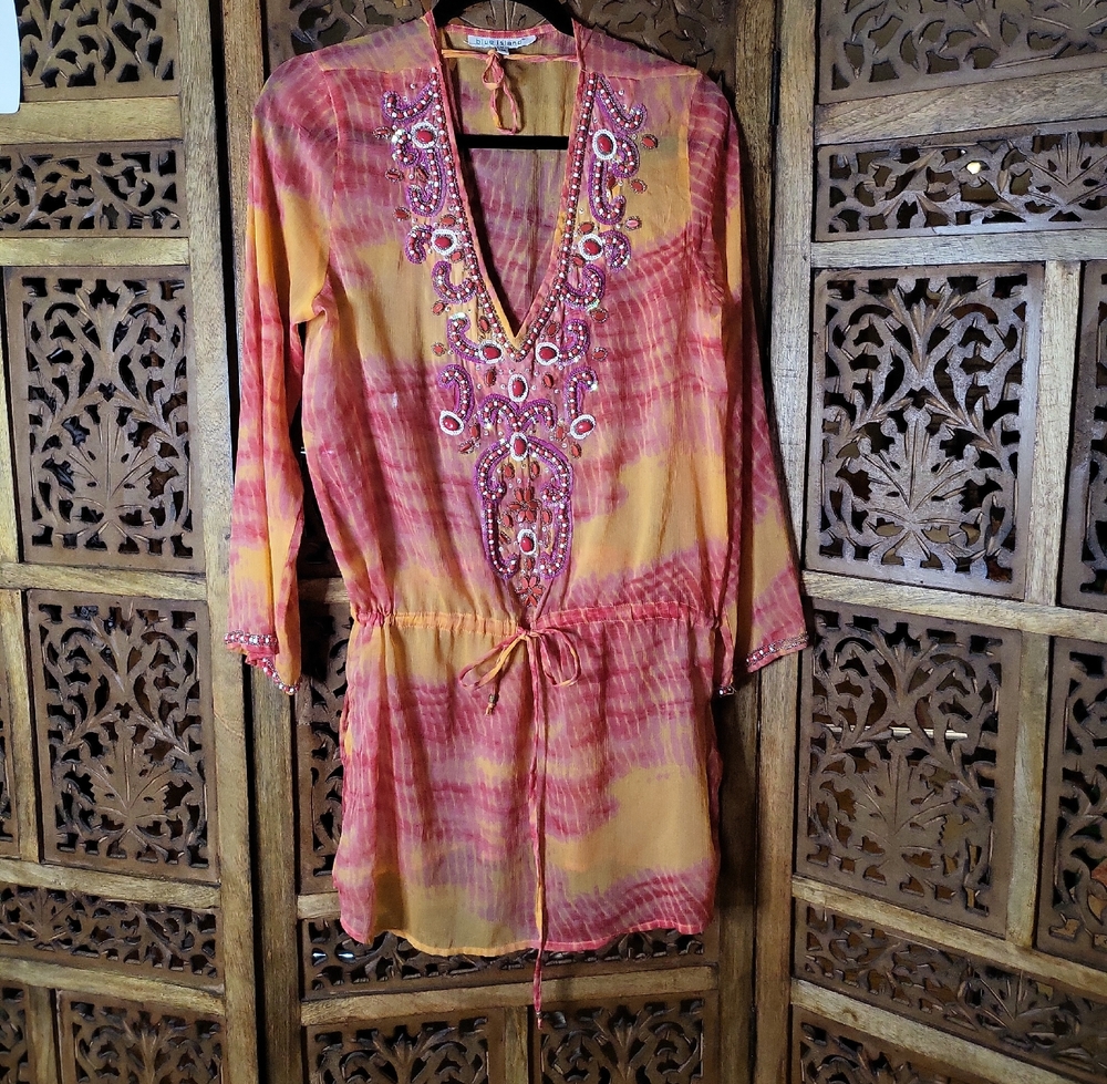 Blue Island Pink and Orange Embroidered Tunic